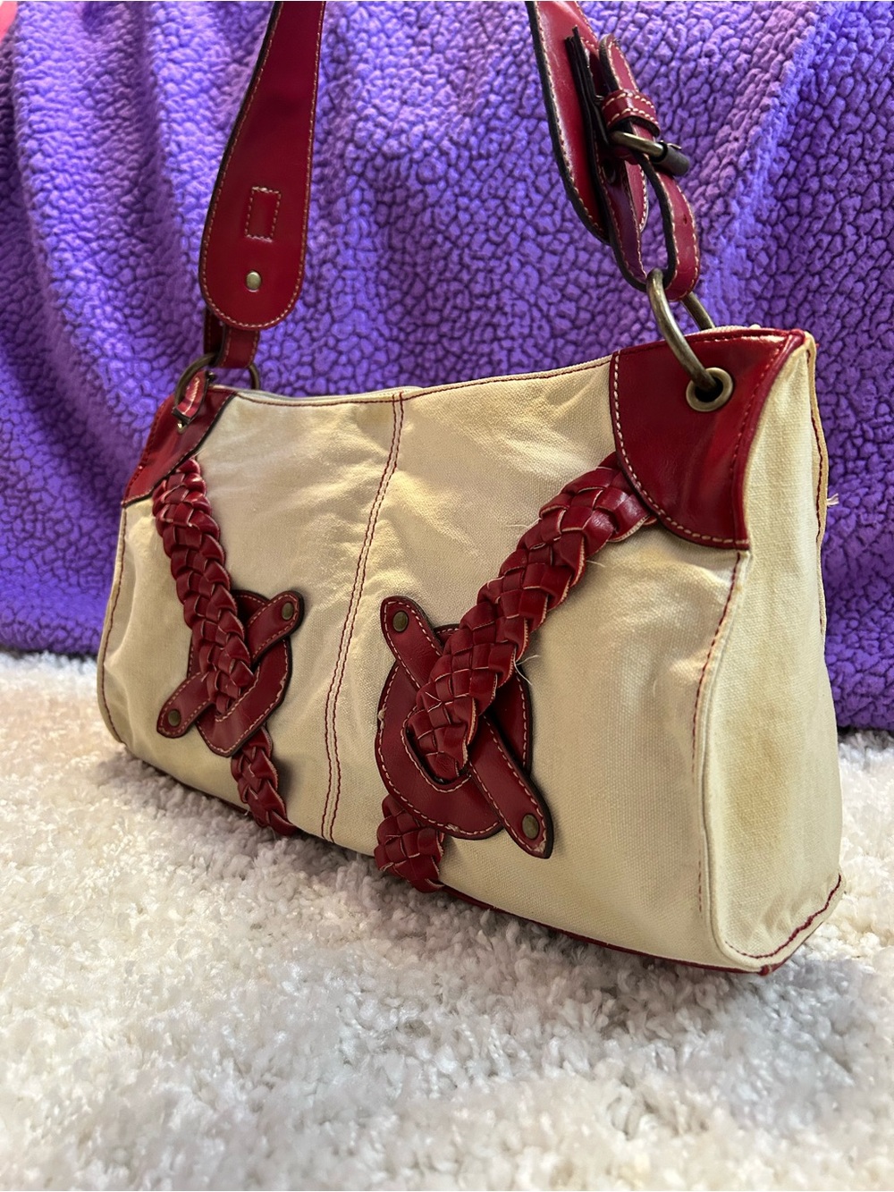 Maurizio Taiuti Cream Shoulder Bag with Red Braided Accents